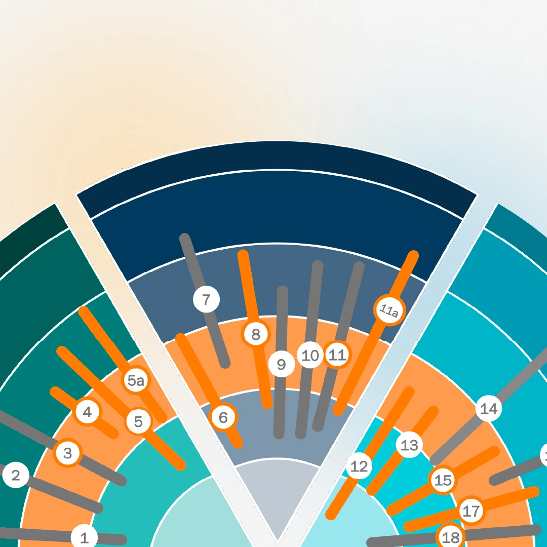 Radialdiagramm aus der Studie «CEX Trendradar 2026» zur Customer Experience: Segmentierte Bereiche «People» und «Technology» zeigen priorisierte Trends als orange und graue Balken mit nummerierten Markern. Die Visualisierung verdeutlicht Gewichtung und Verteilung zentraler CX-Trends im Omnichannel-Umfeld.