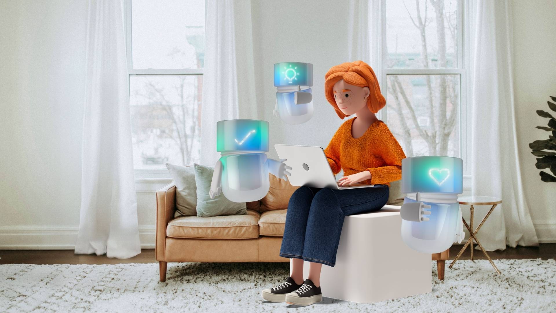 Lena Meier, treue Kundin, arbeitet mit dem Laptop im Homeoffice und interagiert mit ihren AI-Assistenten – Symbolbild für Agent Relationship Management, personalisierte Customer Experience und intelligente Orchestrierung digitaler Services mit der BSI Customer Suite.