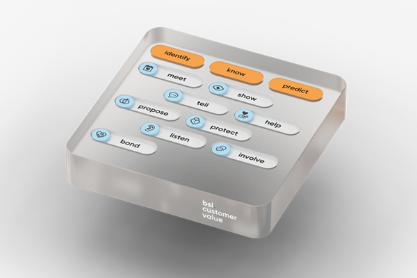 3D-Modell des BSI Customer Value mit den drei übergeordneten Werten «identify», «know» und «predict» sowie den zwölf kundenorientierten Handlungsfeldern wie «meet», «listen» oder «help» – visualisiert den strategischen Ansatz von BSI zur Steigerung des Customer Value entlang der Customer Journey.