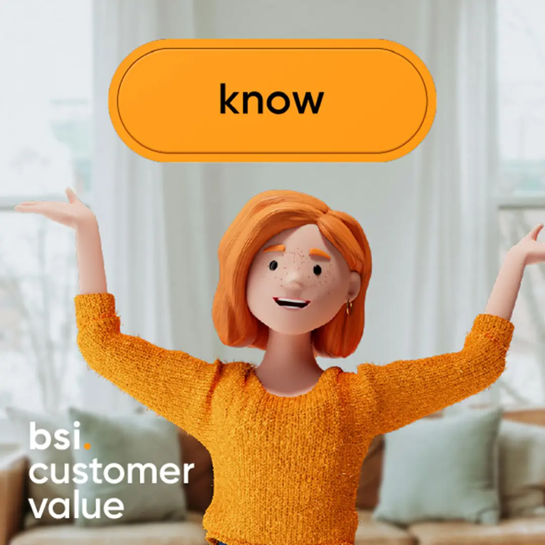 The 3D character Lena Meier, a loyal customer, stands with raised arms in a bright living room. An orange “know” button appears in front of her. The “BSI Customer Value” visual represents comprehensive customer insight as the foundation for personalized customer experiences and long-term customer relationships.