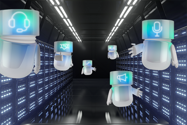 Diversi BSI Agents volano attraverso una sala server, simboleggiando l’elaborazione rapida di grandi quantità di dati e lo scambio fluido tra i sistemi.