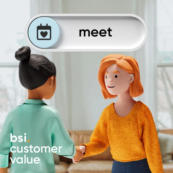 Vicky Valetti, Sales Managerin und Kundenberaterin, begrüsst die treue Kundin Lena Meier in einem Wohnraum. Ein schwebendes Kalender-Icon mit dem Begriff «meet» steht für persönliche Kundentermine, Customer Engagement und den Aufbau langfristiger Kundenbeziehungen mit der BSI Customer Suite.