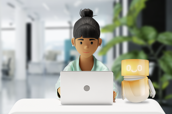 Vicky arbeitet am Laptop in einem modernen Büro, neben ihr steht der Companion – Symbol für intelligente Unterstützung im Arbeitsalltag.