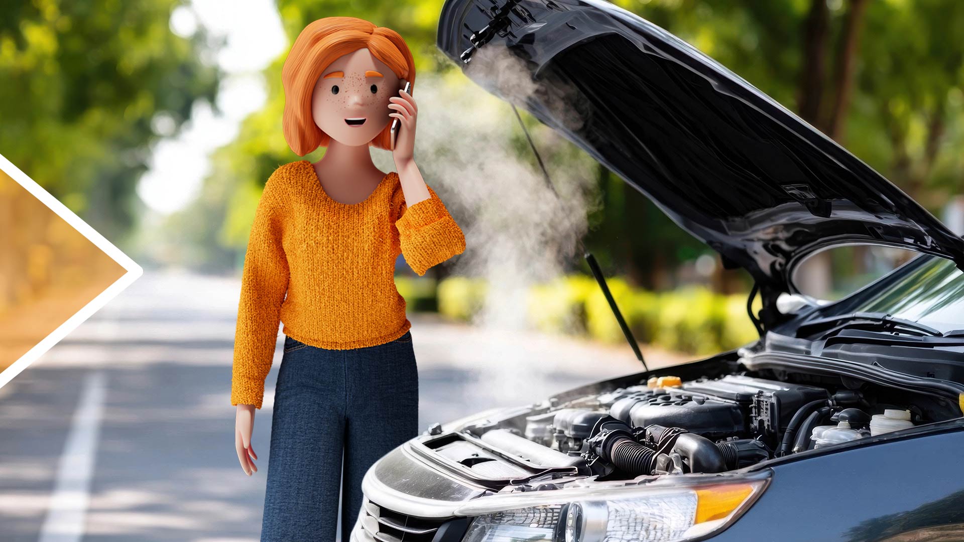 Illustrazione di una donna con maglione arancione che telefona mentre dal motore di un’auto esce fumo. Scena su una strada di campagna con cofano aperto, simbolo di guasto auto o surriscaldamento del motore.
