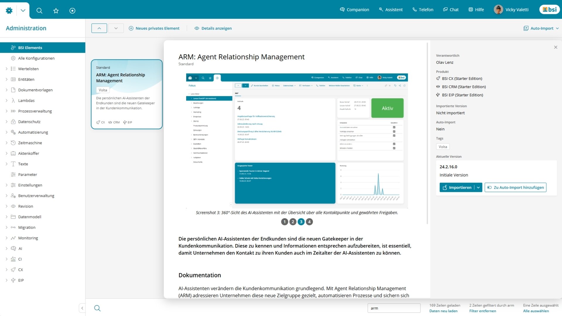 Screenshot des BSI Elements Store in der BSI Customer Suite mit Fokus auf das Element «Agent Relationship Management» (ARM) – Übersicht zu Konfiguration, Versionierung und Importfunktionen zur Steuerung von AI-Assistenten und zur Umsetzung von Agent Relationship Management im Customer Relationship Management.