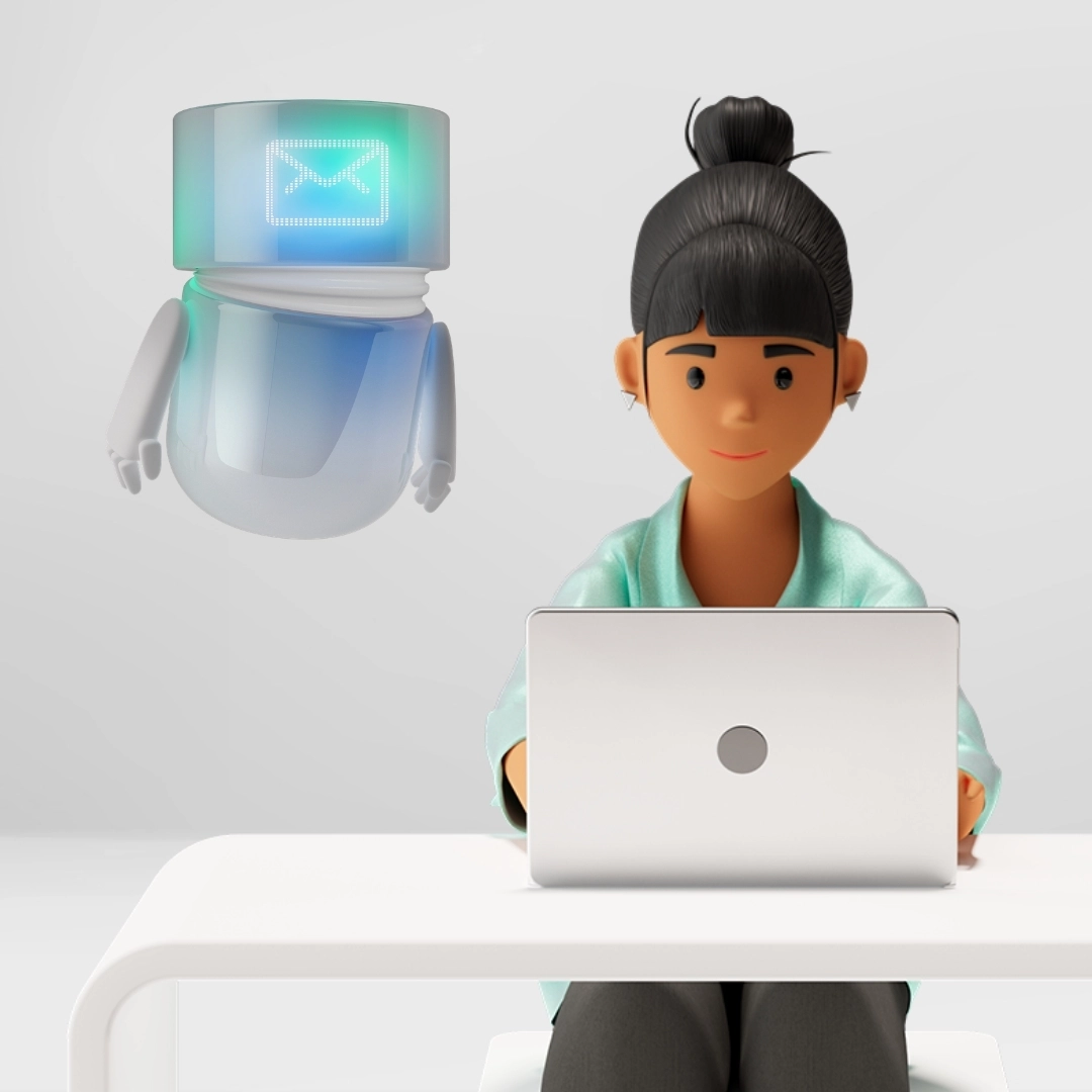 Vicky Valetti, Sales Managerin und Kundenberaterin, arbeitet am Laptop und wird von einem blaugrünen AI Mail Agent mit Briefsymbol unterstützt. Die Szene zeigt AI-gestützte E-Mail-Automation, effiziente Kundenkommunikation und optimiertes Customer Relationship Management in der BSI Customer Suite.