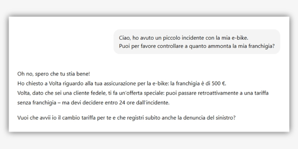 Screenshot di una chat esemplificativa con un assistente AI personale sull’assicurazione e-bike: verifica automatica della franchigia, opzioni tariffarie e denuncia del sinistro dopo un incidente – immagine simbolica per l’Agent Relationship Management, la conversational AI e processi di servizio fluidi con la BSI Customer Suite.