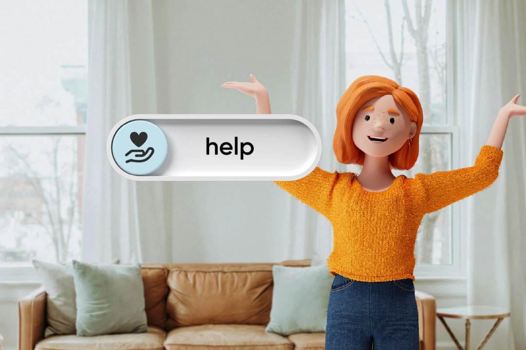 The 3D character Lena Meier, a loyal customer, stands smiling with raised arms in a bright living room. She wears an orange sweater and jeans. Next to her is a button labeled “help” featuring a heart-in-hand icon. The image symbolizes the BSI Customer Value Help.