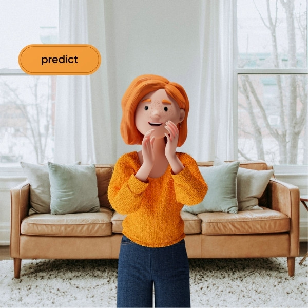 Lena Meier, the loyal customer, appears delighted in a stylish living room – focusing on the value «predict» from the BSI Customer Value.