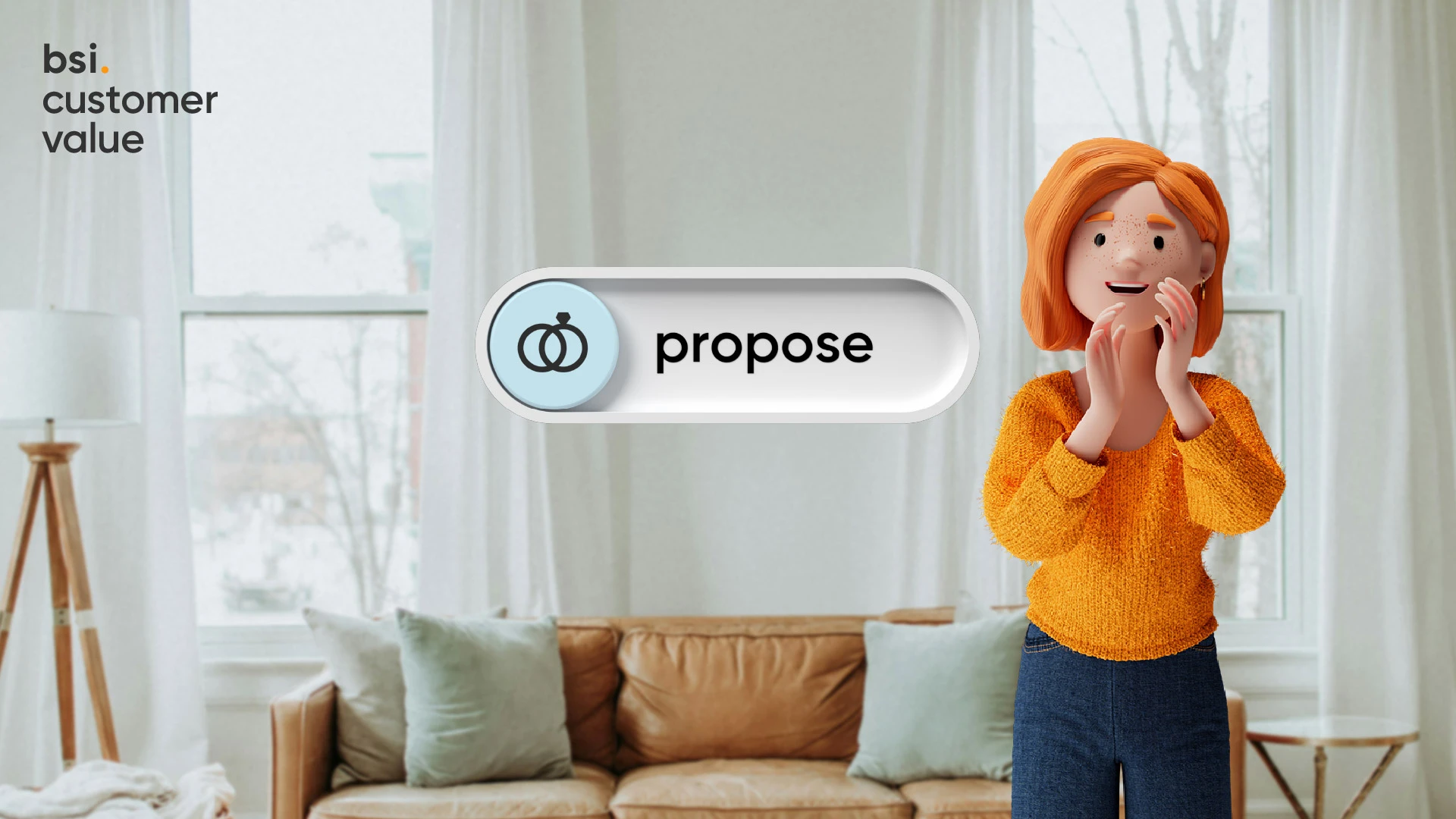 Lena Meier, treue Kundin, freut sich in einem modernen Wohnzimmer, da sie dank des BSI Customer Values «Propose» gut betreut wird. Die 3D-Figur im orangefarbenen Pullover steht für personalisierte Kundenansprache und positive Customer Experience im Customer Relationship Management.
