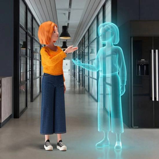 Lena Meier, a loyal customer, meets her digital twin in a modern office hallway, created for the BSI Customer Value «Propose». The scene represents personalized engagement, data-driven recommendations, and innovative customer experience in customer relationship management.