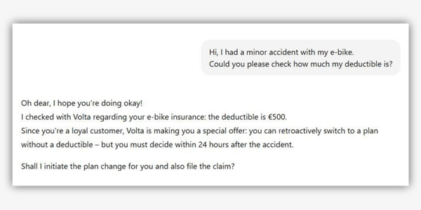 Capture d’écran d’un chat exemplaire avec un assistant IA personnel concernant une assurance e-bike : vérification automatique de la franchise, des options tarifaires et déclaration de sinistre après un accident – image symbolique pour l’Agent Relationship Management, la conversational AI et des processus de service fluides avec la BSI Customer Suite.