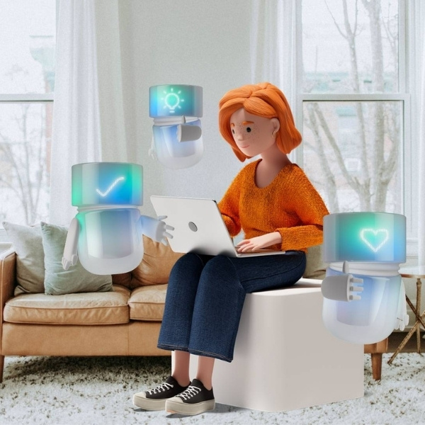 Lena Meier, treue Kundin, arbeitet mit dem Laptop im Homeoffice und interagiert mit ihren AI-Assistenten – Symbolbild für Agent Relationship Management, personalisierte Customer Experience und intelligente Orchestrierung digitaler Services mit der BSI Customer Suite.