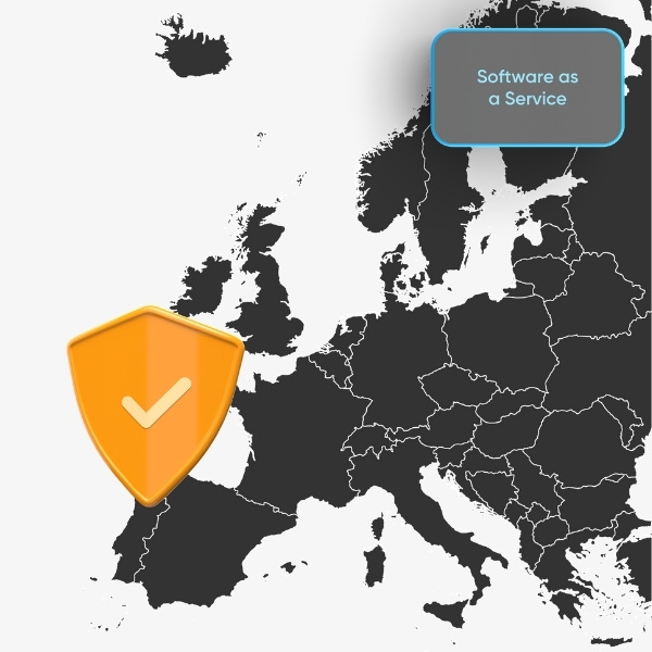 Map of Europe highlighting data protection and cloud security: an orange shield with a checkmark symbolizes trusted SaaS solutions in Europe; a light grey "Software as a Service" button is visible at the top right.