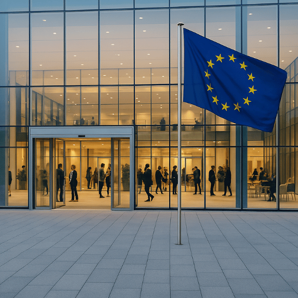 Eingang eines modernen Glasgebäudes mit EU-Flagge im Vordergrund, hinter dessen Fassade sich Menschen in einem hellen, offenen Foyer begegnen.