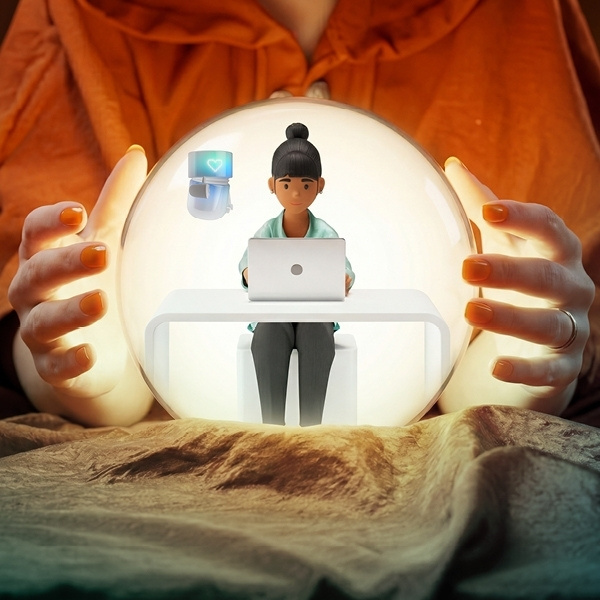 Wahrsage-Szene: In einer leuchtenden Kristallkugel erscheint Vicky Valetti, Sales Managerin und Kundenberaterin, neben einem BSI AI Agent – Vision ihres zukünftigen Kundenservice mit Service-Automatisierung und der BSI Customer Suite.