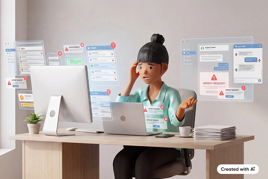 Vicky Valetti, Sales-Managerin und Kundenberaterin, sitzt sichtlich überlastet am Schreibtisch. Dringende Support-Tickets, Live-Chats und Kundenanfragen verdeutlichen den hohen Druck im Kundenservice.