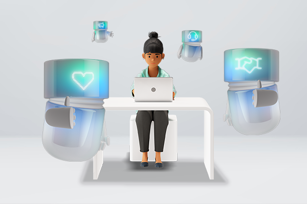 Vicky works on her laptop, surrounded by several AI-Agents with glowing symbols – heart, handshake, network. Representation of collaborative AI support in daily work.