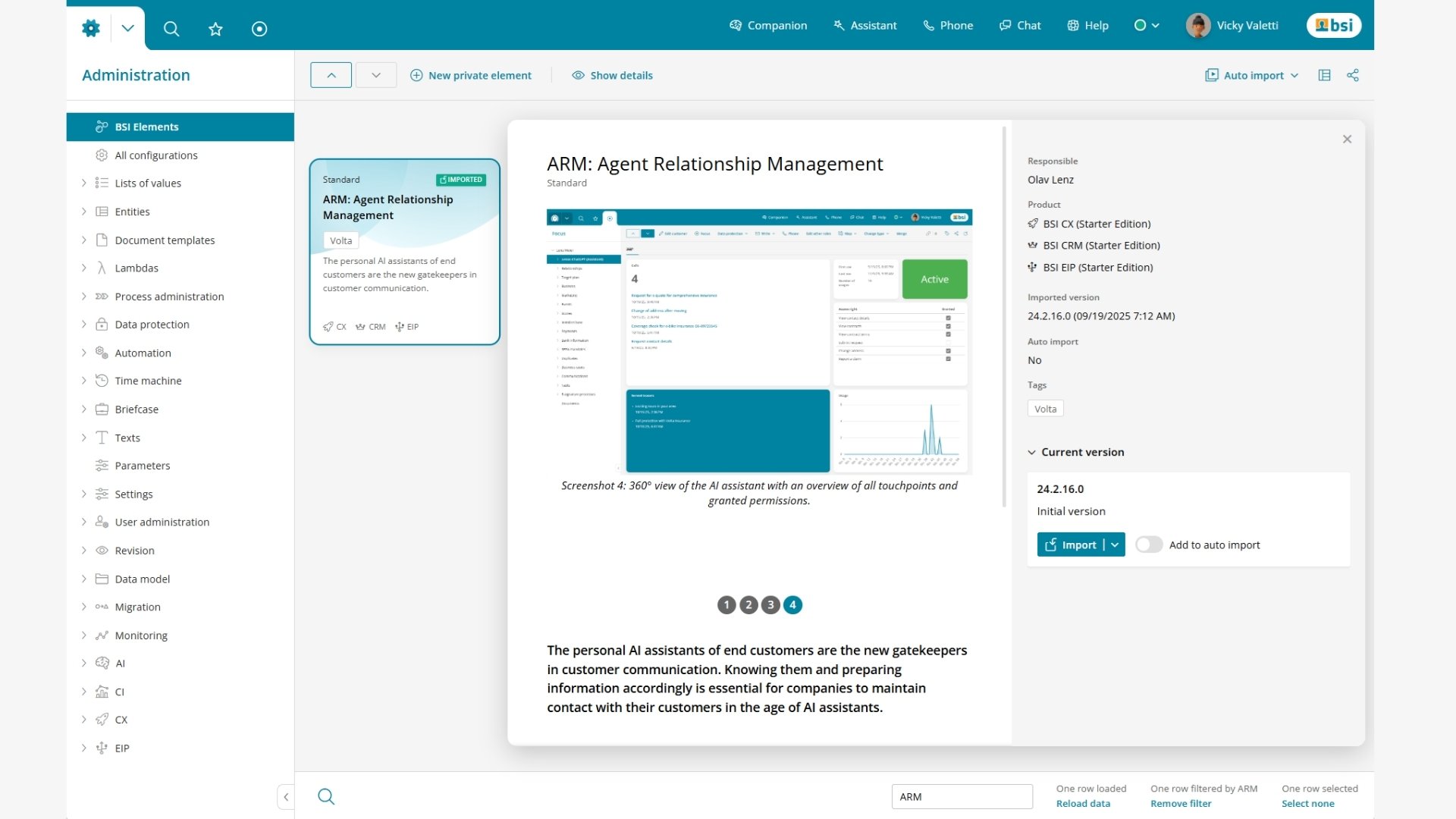 Capture d’écran du BSI Elements Store dans la BSI Customer Suite avec focus sur l’élément «Agent Relationship Management» (ARM) – aperçu des fonctions de configuration, de gestion des versions et d’importation pour piloter les assistants IA et mettre en œuvre l’Agent Relationship Management dans le Customer Relationship Management.