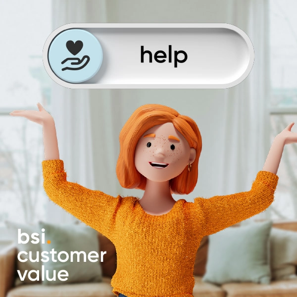 The 3D character Lena Meier, a loyal customer, stands smiling with raised arms in a bright living room. She wears an orange sweater and jeans. Next to her is a button labeled “help” featuring a heart-in-hand icon. The image symbolizes the BSI Customer Value Help.