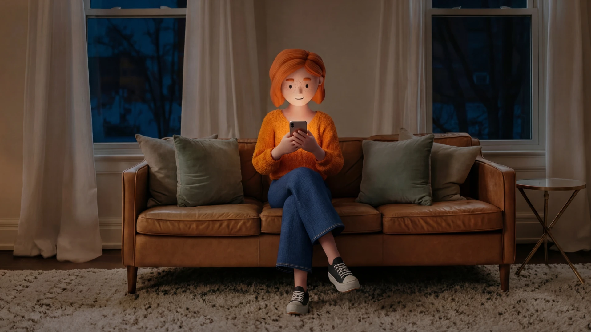 Lena Meier, eine treue Kundin, steht in einem hellen, modern eingerichteten Wohnzimmer mit beigen Möbeln und grossen Fenstern.