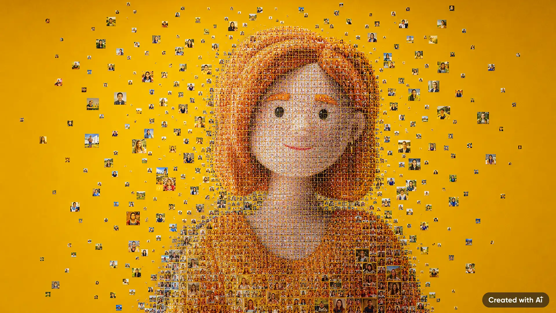 Su uno sfondo arancione, migliaia di piccoli ritratti formano il volto di una donna sorridente – Lena, mentre altre immagini fluttuano intorno a lei. Il mosaico rappresenta una visione cliente a 360°, Customer Experience personalizzate e un Customer Relationship Management basato sui dati.