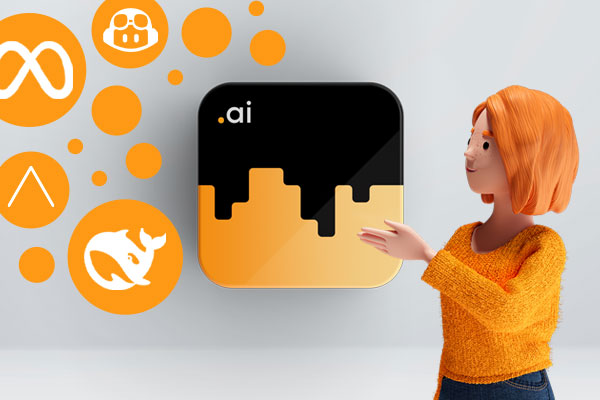 Lena zeigt auf ein schwarzes und orangefarbenes Symbol mit der Endung «.ai», umgeben von orangefarbenen Symbolen rund um Technologie und künstliche Intelligenz.