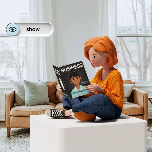 Lena Meier, the loyal customer, sits relaxed on a stool in a living room, reading a business magazine featuring Vicky Valetti on the cover – highlighting the value «show» from the BSI Customer Value.