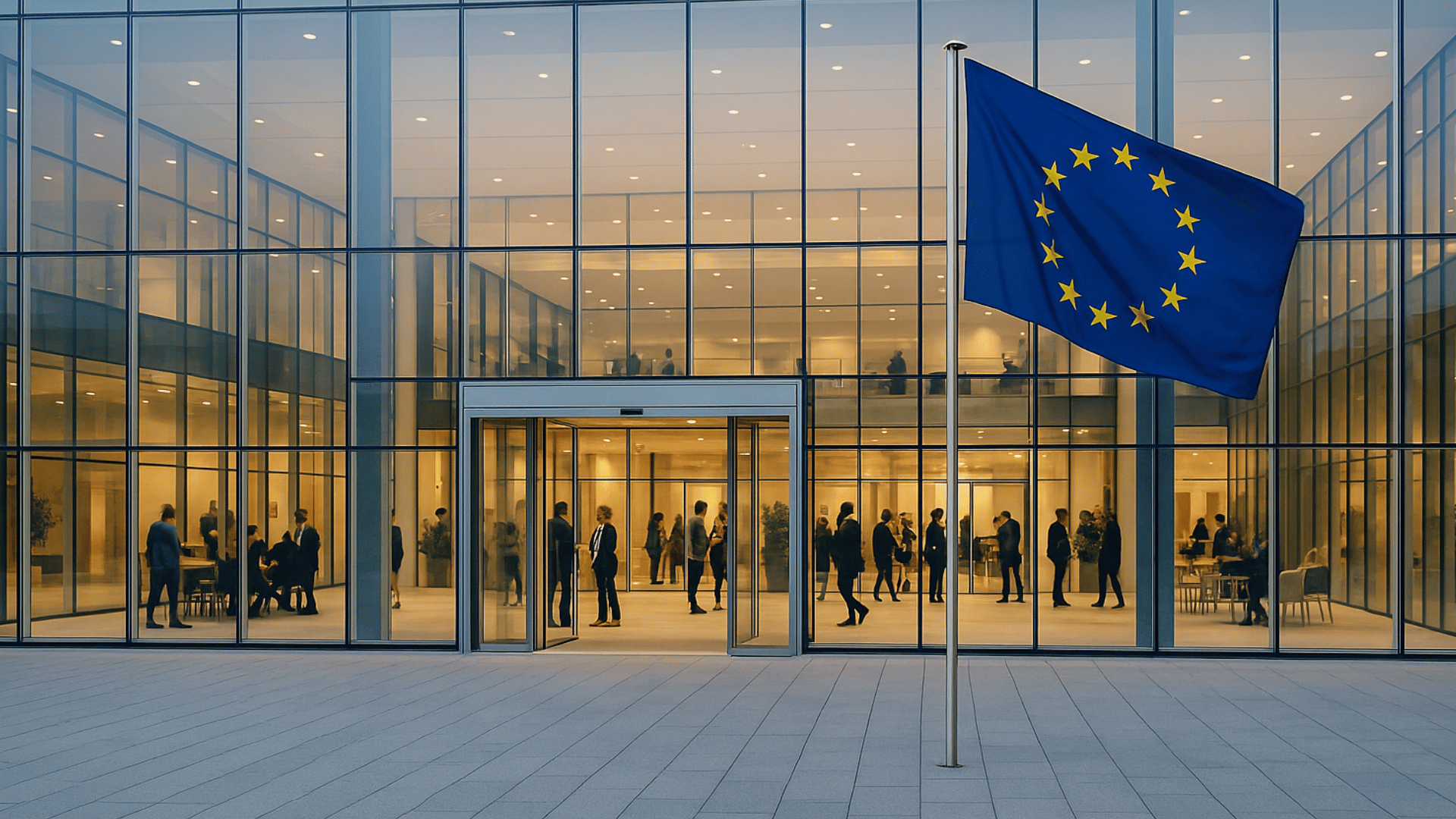 Eingang eines modernen Glasgebäudes mit EU-Flagge im Vordergrund, hinter dessen Fassade sich Menschen in einem hellen, offenen Foyer begegnen.