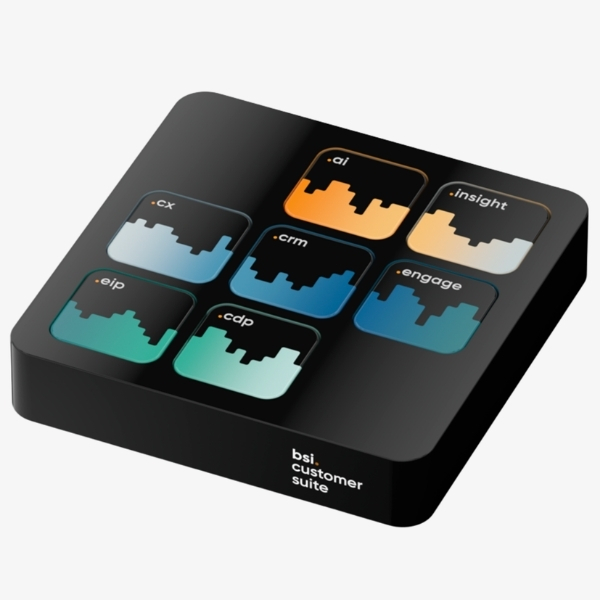 3D model of the BSI Customer Suite featuring seven modules – «cx», «crm», «cdp», «eip», «ai», «insight» and «engage»; representing BSI’s comprehensive software solution.