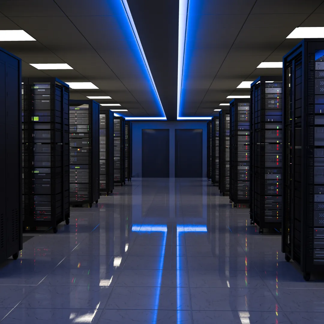 Modernes Rechenzentrum mit Reihen leistungsstarker Server-Racks in einer sicheren, klimatisierten Umgebung. Sinnbild für europäische Datenflüsse im CRM – digitale Souveränität und Datenresidenz in der EU.