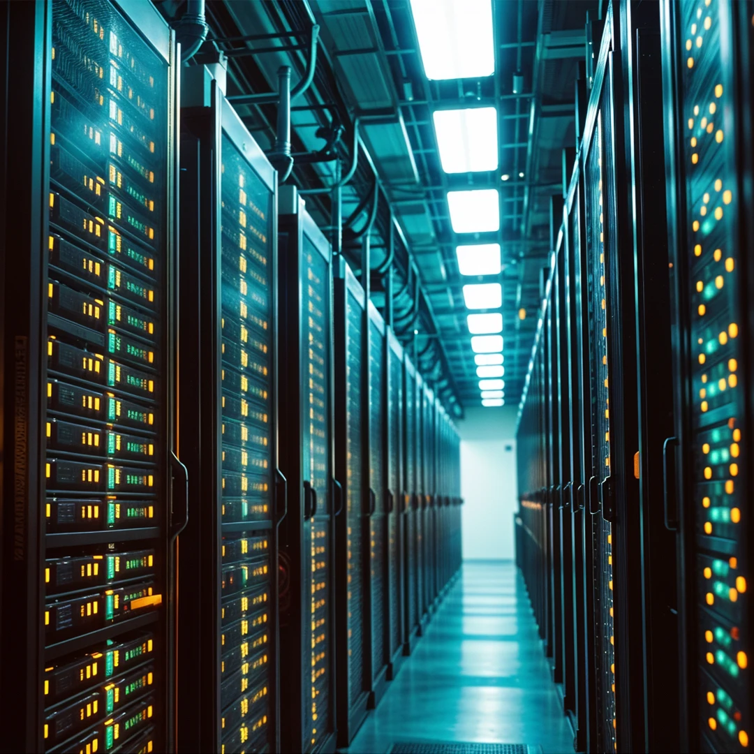 Blick in ein modernes Rechenzentrum mit langen Reihen beleuchteter Server-Racks und blaugrüner Lichtstimmung. Das Bild symbolisiert die Zusammenarbeit von T-Systems und BSI Software, die mit ihrer neuen Kooperation eine europäische Cloud-Alternative für regulierte Branchen schaffen und Datensouveränität sowie Sicherheit stärken.