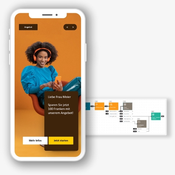Smartphone-Ansicht einer personalisierten Kundenansprache in der BSI Customer Suite: Eine Frau sitzt auf einem orangefarbenen Stuhl vor farblich passendem Hintergrund, trägt Kopfhörer und hält ein Smartphone in der Hand. Auf dem Display wird ein individuelles Rabattangebot angezeigt («Sparen Sie jetzt 100 Franken mit unserem Angebot!»). Im Hintergrund ist eine CX-Story zur Automatisierung von Customer Journeys erkennbar.
