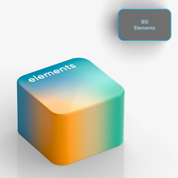 Visualization of a color cube with the label "BSI Elements" and a gradient in blue, orange, and green; a light grey "BSI Elements" button is visible at the top right.