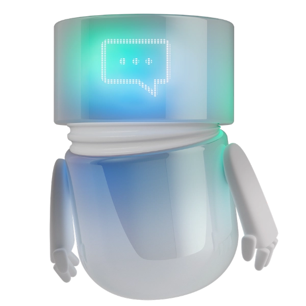 3D-Illustration des BSI Chat Agents in blaugrüner Farbgebung mit leuchtendem Chat-Icon auf dem Display. Der virtuelle Assistent steht für Conversational AI, automatisierte Kommunikation und personalisierte digitale Interaktion im Customer Relationship Management der BSI Customer Suite.