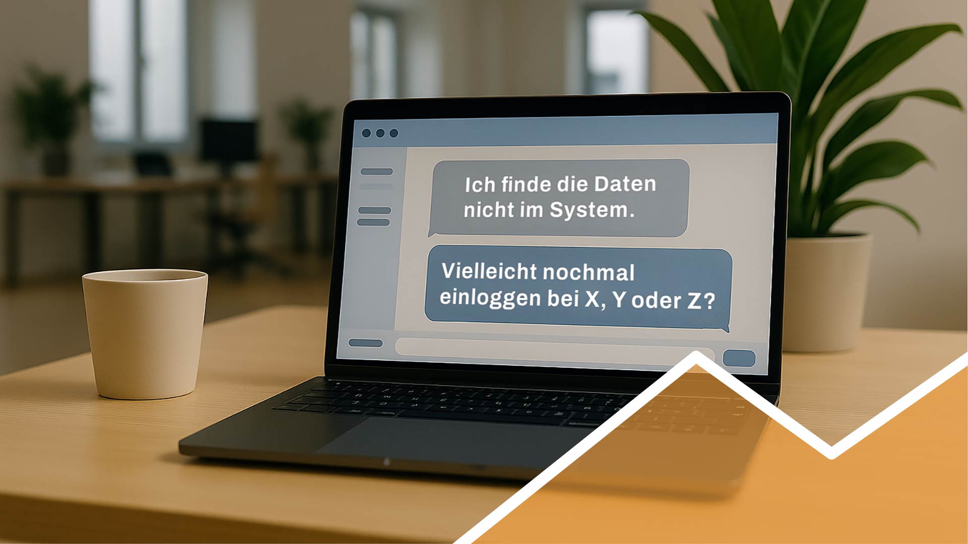 Laptop auf Schreibtisch mit Chatfenster, das fehlende Daten im System anzeigt – Symbol für Kundenservice, Support und digitale Kommunikation.