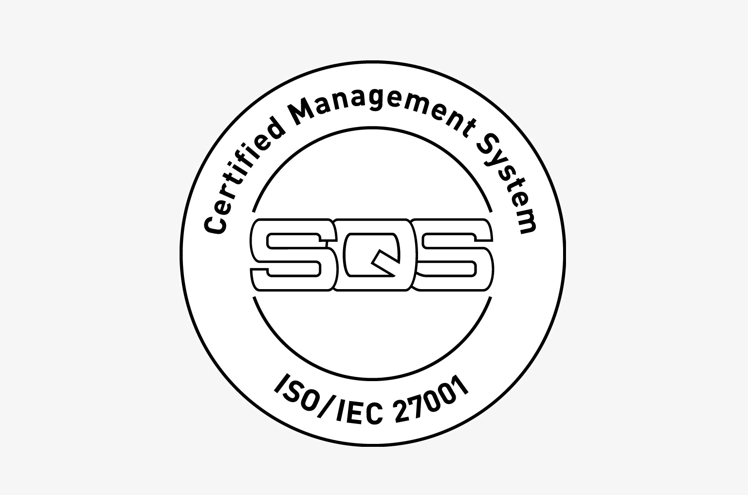 Sigillo di certificazione SQS con la scritta “Sistema di gestione certificato ISO/IEC 27001”, che indica la conformità agli standard internazionali di gestione della sicurezza delle informazioni.
