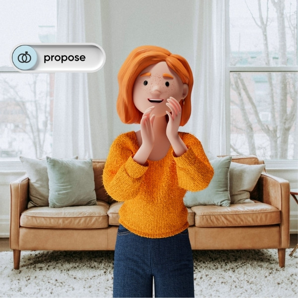 Lena Meier, the loyal customer, claps her hands excitedly in a stylish living room – highlighting the value «propose» from the BSI Customer Value.
