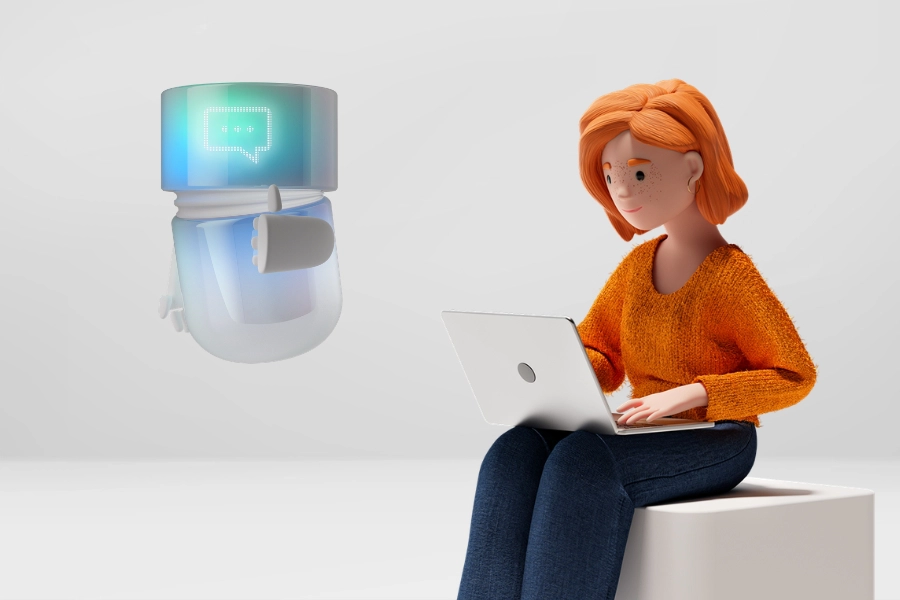 Lena Meier, treue Kundin, chattet am Laptop mit dem BSI Chat Agent, dargestellt als blaugrüner AI Agent mit Chat-Symbol. Die Szene zeigt AI-gestützte Chat-Kommunikation, automatisierte Kundeninteraktion und effizientes Customer Relationship Management in der BSI Customer Suite.