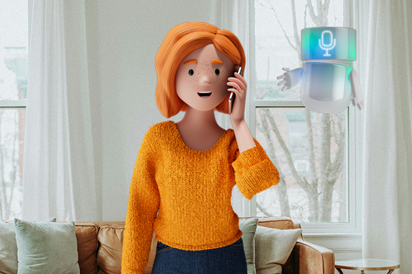«Lena is on the phone in the living room, with the glowing Voice Agent floating beside her as a digital assistant.
