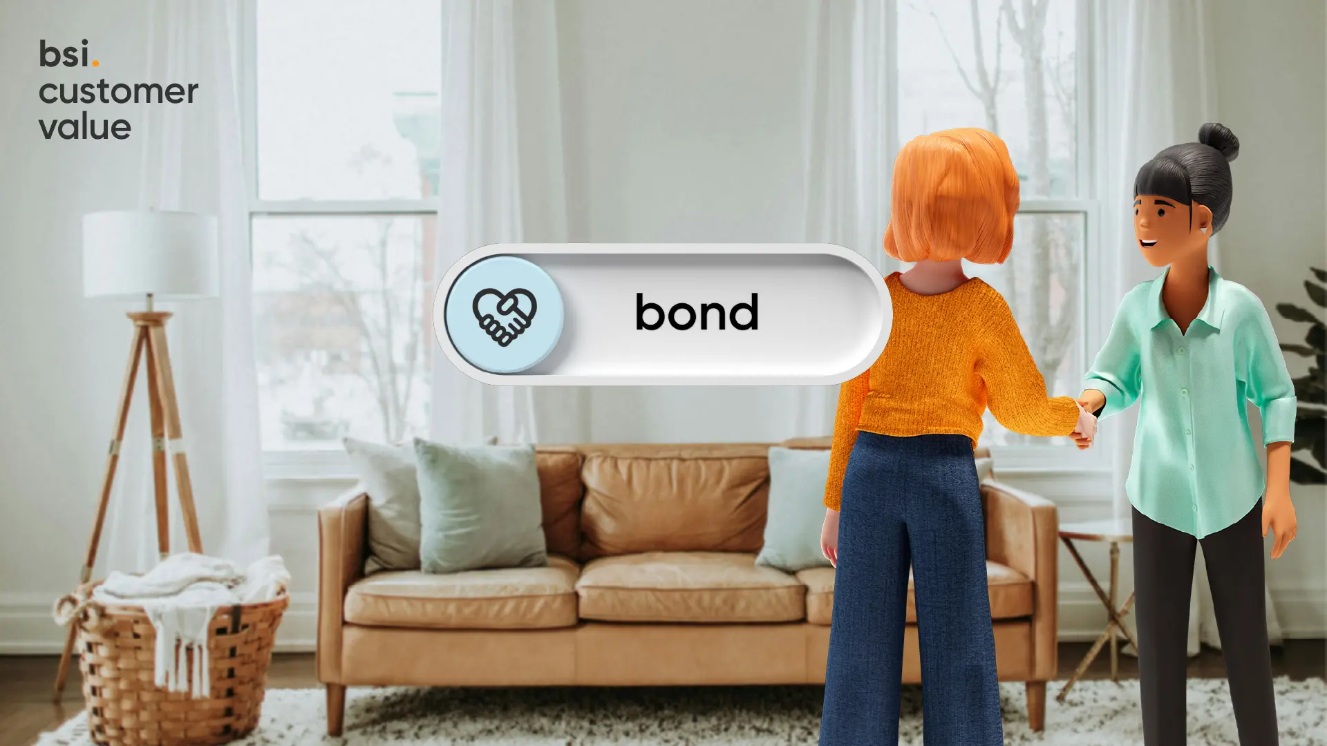 Vicky Valetti, Sales Managerin und Kundenberaterin, schüttelt ihrer Kundin Lena Meier in einem hellen Wohnzimmer die Hand. Die 3D-Illustration zum BSI Customer Value «Bond» zeigt die persönliche Verbindung zwischen Kundinnen und Kunden und Unternehmen. Ein Handschlag-Symbol unterstreicht die Bedeutung langfristiger Kundenbeziehungen.