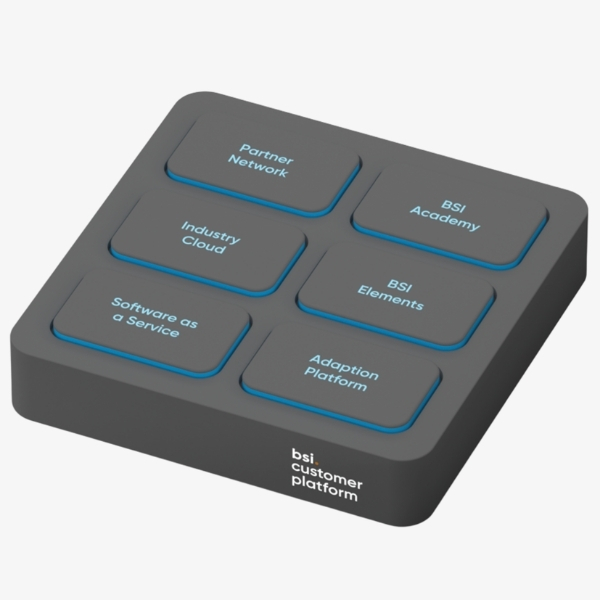 3D model of the BSI Customer Platform with six key components – «Partner Network», «BSI Academy», «Industry Cloud», «BSI Elements», «Software as a Service» and «Adaption Platform»; illustrating BSI’s scalable ecosystem for sustainable, flexible, and industry-specific customer experience.