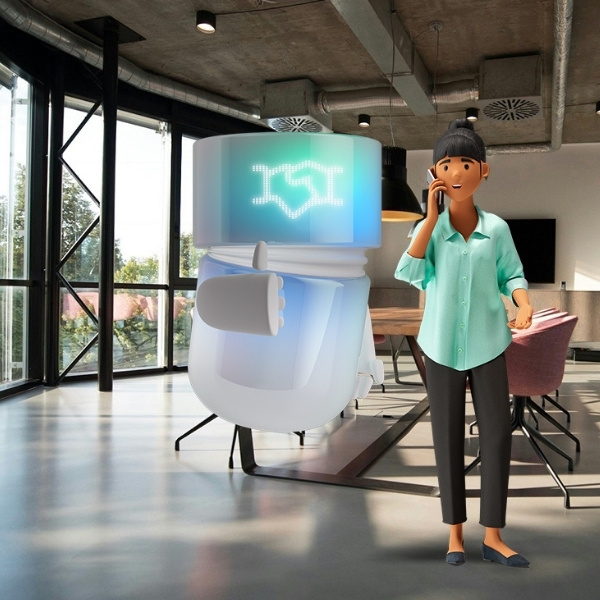 Vicky Valetti, Sales Managerin und Kundenberaterin, wird in einem modernen Büro bei einem Kundengespräch vom BSI Sales Agent unterstützt – einem AI Agent aus der BSI Customer Suite, dargestellt durch den blaugrünen BSI Companion mit Handschlag-Symbol auf dem Display – sinnbildlich für intelligente Kundenbetreuung und moderne CRM-Automatisierung.