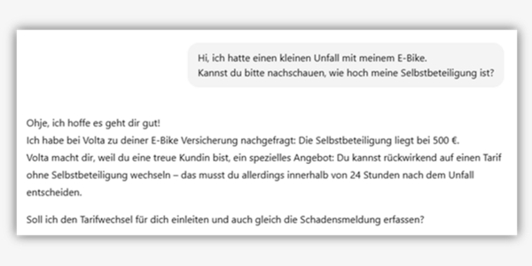 Screenshot eines beispielhaften Chats mit einem persönlichen AI-Assistenten zur E-Bike-Versicherung: Automatische Prüfung von Franchise, Tarifoptionen und Schadenmeldung nach einem Unfall – Symbolbild für Agent Relationship Management, Conversational AI und nahtlose Serviceprozesse mit der BSI Customer Suite.
