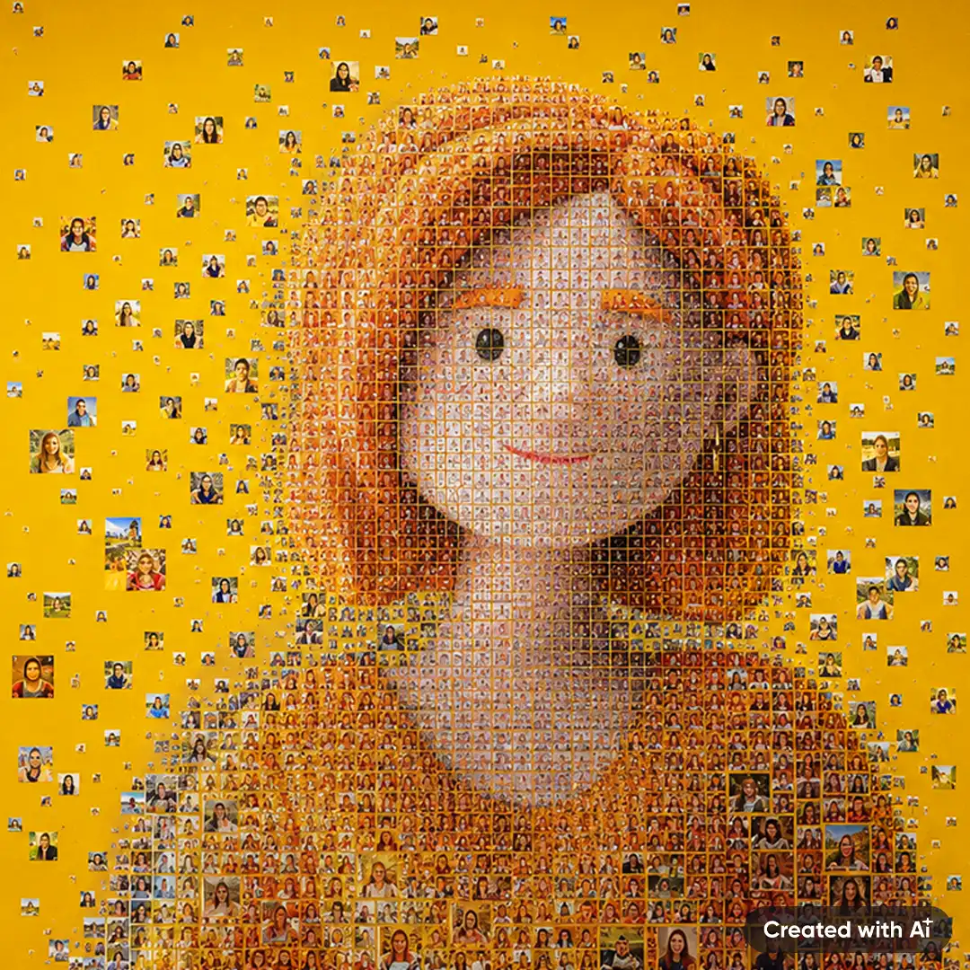 Su uno sfondo arancione, migliaia di piccoli ritratti formano il volto di una donna sorridente – Lena, mentre altre immagini fluttuano intorno a lei. Il mosaico rappresenta una visione cliente a 360°, Customer Experience personalizzate e un Customer Relationship Management basato sui dati.