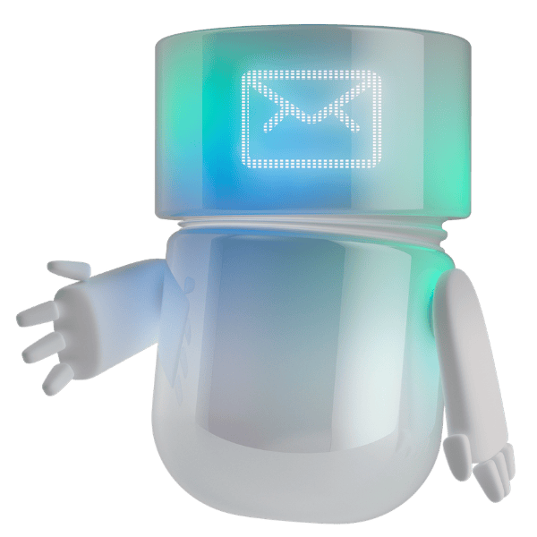 BSI Mail Agent als blaugrüner AI Agent mit leuchtendem Briefsymbol, freigestellt auf neutralem Hintergrund. Die Darstellung steht für AI-gestützte E-Mail-Automation, effiziente Kundenkommunikation und nahtlose Integration in das Customer Relationship Management der BSI Customer Suite.