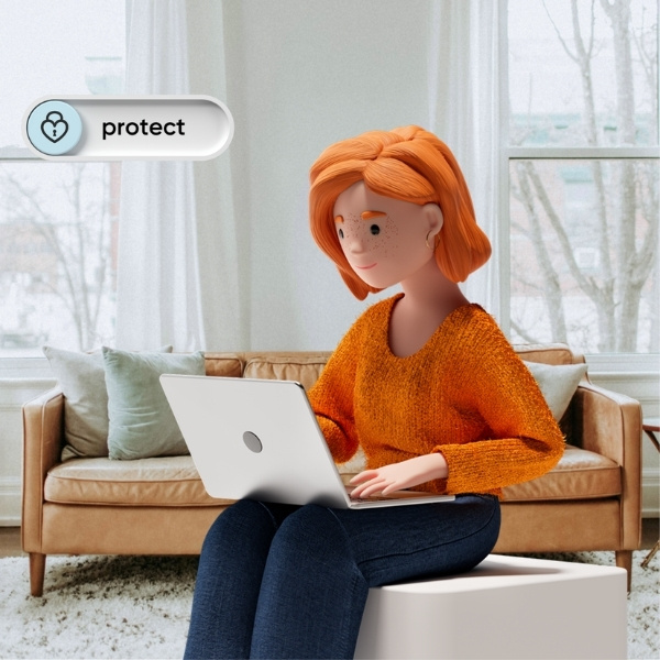 Lena Meier, the loyal customer, works focused on her laptop in a cozy living room – highlighting the value «protect» from the BSI Customer Value.