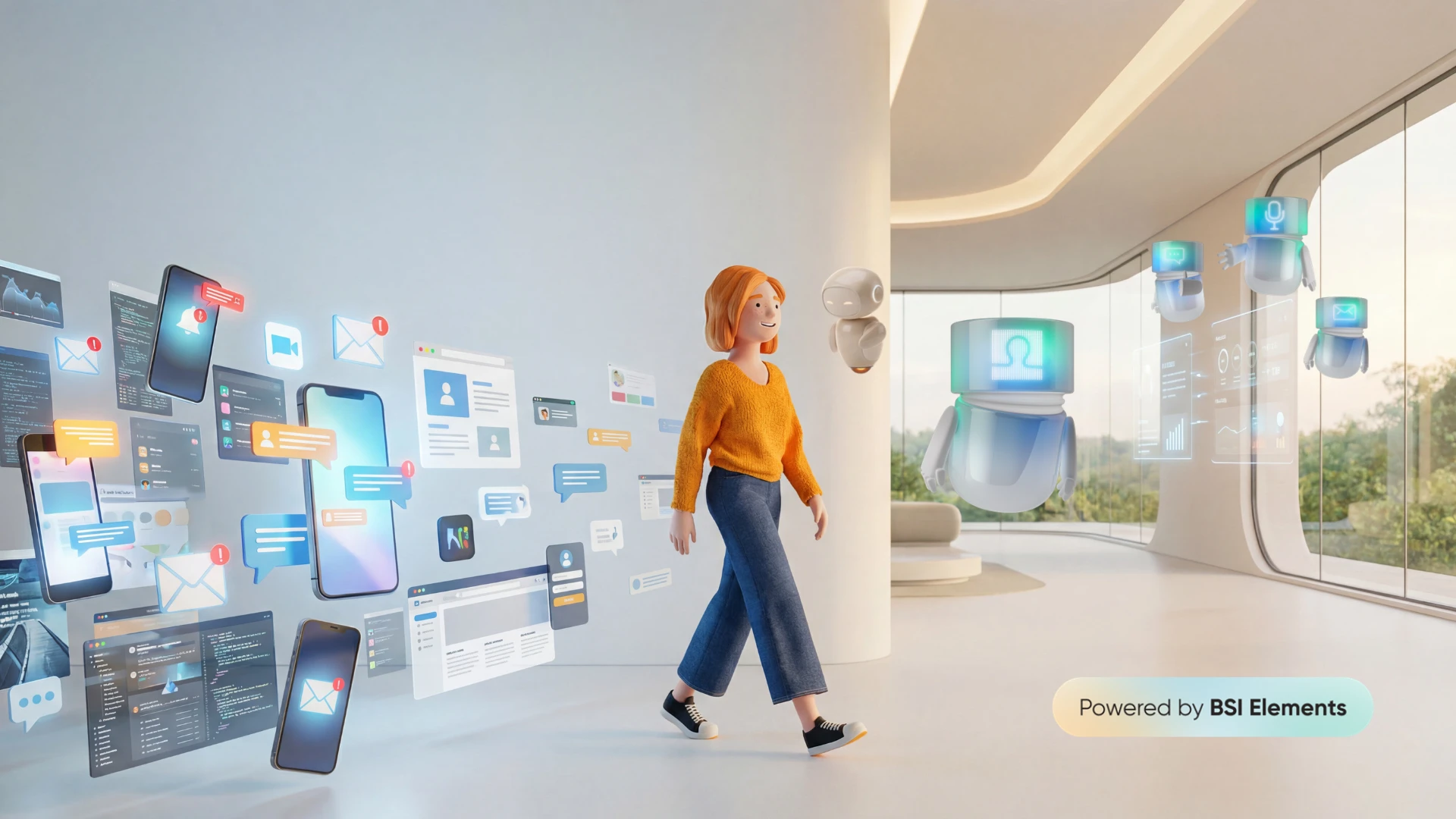 Lena Meier, treue Kundin, geht durch einen hellen Raum, während sie von einem kleinen schwebenden AI-Assistenten begleitet wird. Um sie herum sind digitale Benutzeroberflächen, Chatnachrichten und App-Ansichten angeordnet, die verschiedene Touchpoints und Interaktionen im Customer Relationship Management zeigen.