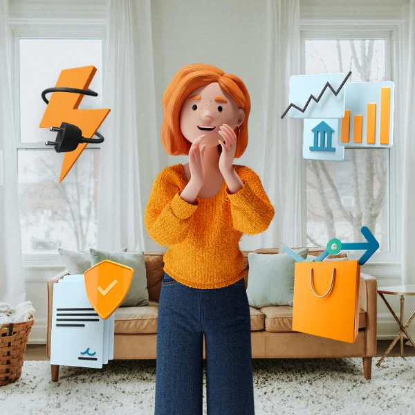 Illustration einer klatschenden Kundin in ihrem Wohnzimmer, umgeben von Symbolen für Energie, Banking, Versicherungen und Shopping – visuelle Darstellung von CRM und CX Software für Banken, Versicherungen, Einzelhandel und Energieversorger.