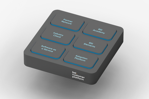 3D-Modell der BSI Customer Platform mit sechs zentralen Bausteinen – «Partner Network», «BSI Academy», «Industry Cloud», «BSI Elements», «Software as a Service» und «Adaption Platform»; veranschaulicht das erweiterbare Ökosystem von BSI für eine nachhaltige, flexible und branchenspezifische Customer Experience.